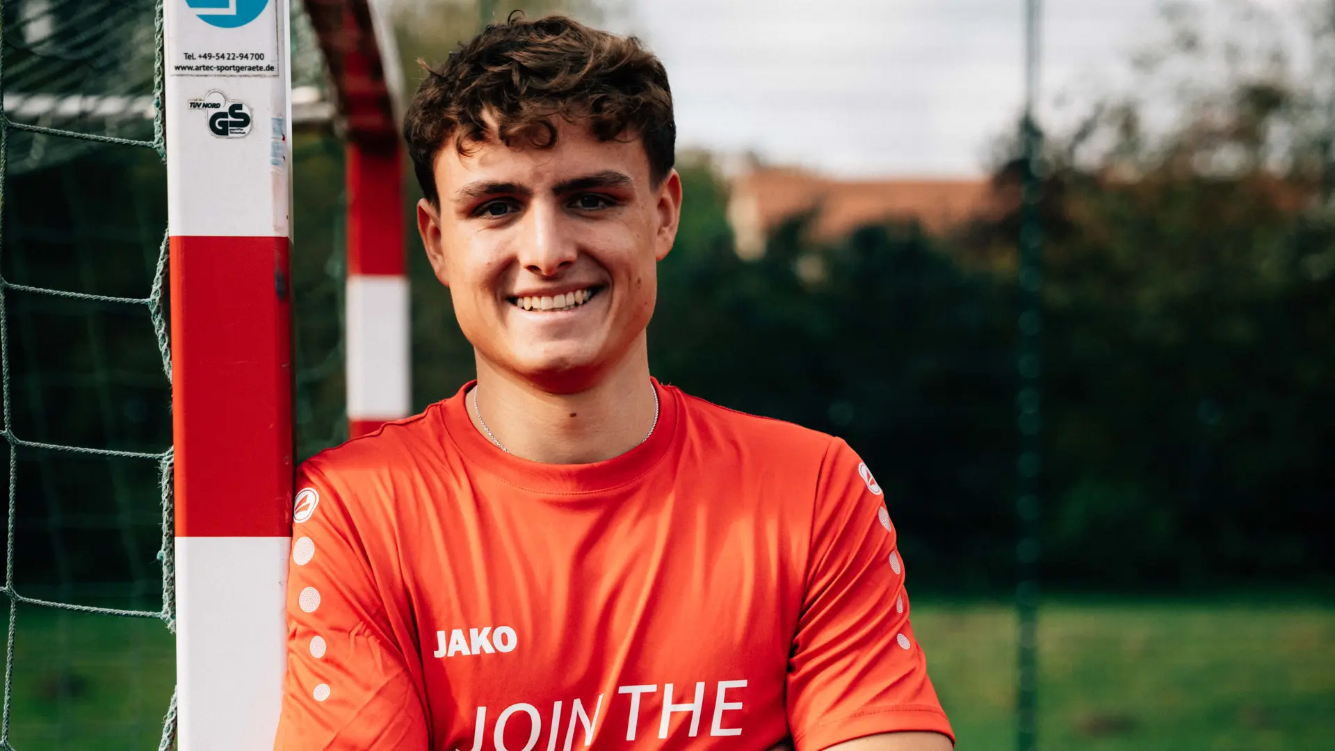 Fussballspieler Torpfosten Weitaufnahme Fussballspieler Torpfosten Weitaufnahme